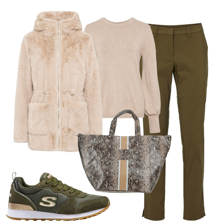 Outfit donna - Total look #1808678. Stile Basic per Tutti i giorni. Abbinamento con ecopellicce, maglieria, pantaloni, sneakers, borse a mano.