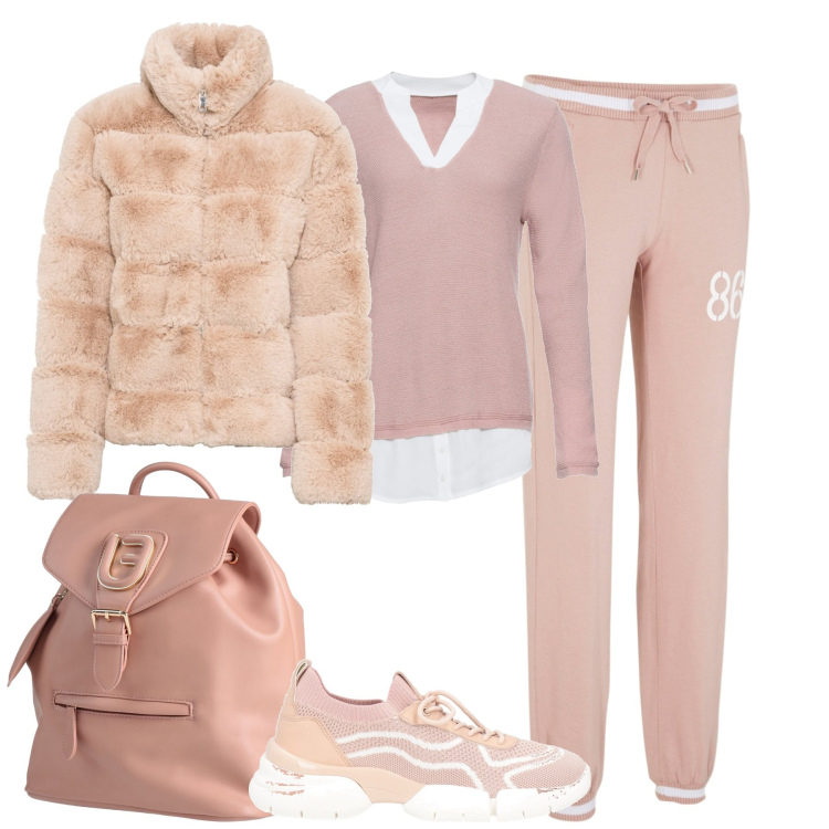 Outfit donna - Total look #1808699. Stile Casual chic per Tutti i giorni. Abbinamento con ecopellicce, maglieria, pantaloni, sneakers, zaini.
