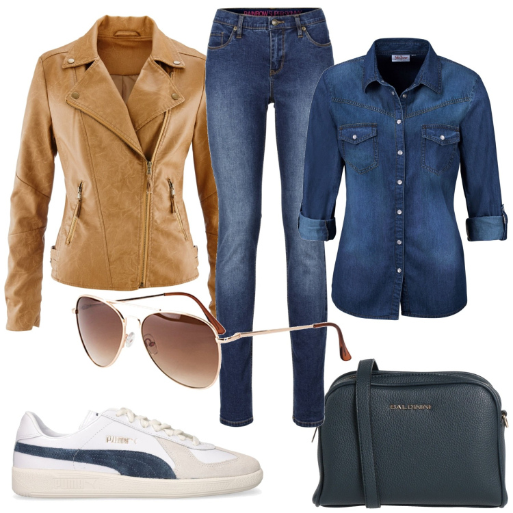 Outfit donna - Al lavoro. Stile Casual chic per Tutti i giorni. Abbinamento con camicie, jeans skinny, occhiali da sole, blazer, borse a tracolla, sneakers.