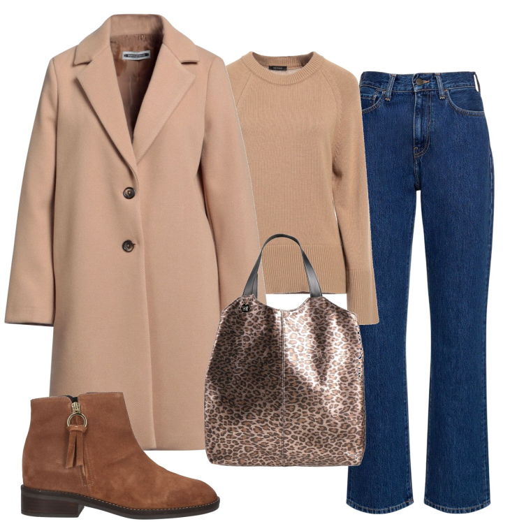 Outfit donna - City. Stile Trendy per Tutti i giorni. Abbinamento con cappotti, pullovers, borse a mano, stivaletti, jeans dritti.