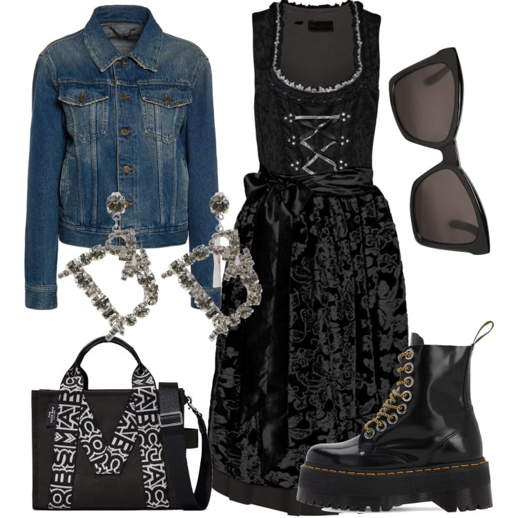 Outfit donna - Con la rock band. Stile Rock per Serata fuori. Abbinamento con vestiti, occhiali da sole, stivali, giacche, borse tote, orecchini.