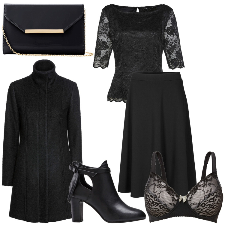 Outfit donna - Total black. Stile Sexy per Serata fuori. Abbinamento con gonne longuette, stivaletti, bluse, cappotti, reggiseni, pochette.