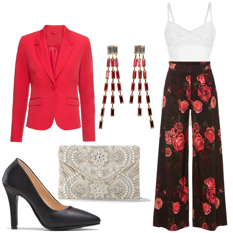 Outfit donna - Romance. Stile Romantica per Serata fuori. Abbinamento con pochette, orecchini, blazer, pantaloni, body, décolleté.