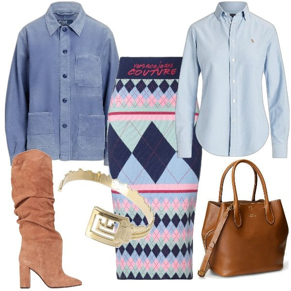Outfit donna - Azzurro e cuoio. Stile Trendy per Ufficio. Abbinamento con gonne longuette, stivali sopra il ginocchio, camicie, borse tote, cappotti, braccialetti.