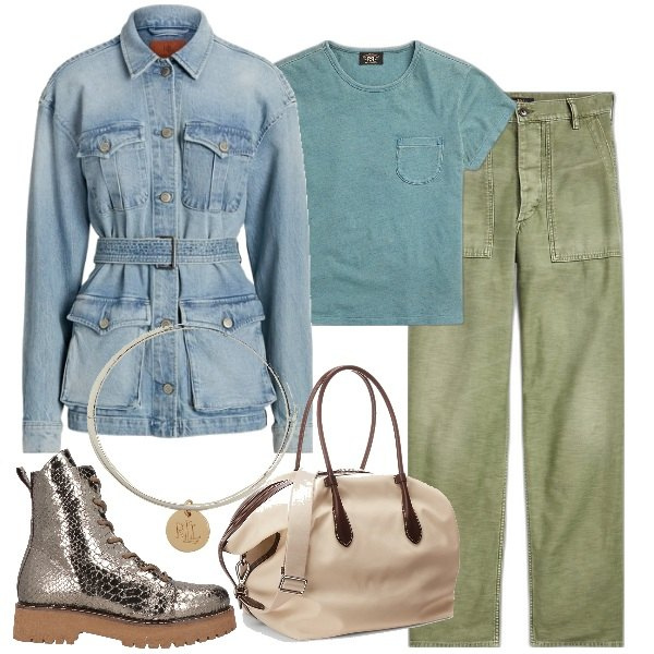 Outfit donna - Sahariana in jeans. Stile Casual per Tutti i giorni. Abbinamento con anfibi, t-shirt, cappotti, borse tote, braccialetti, pantaloni.