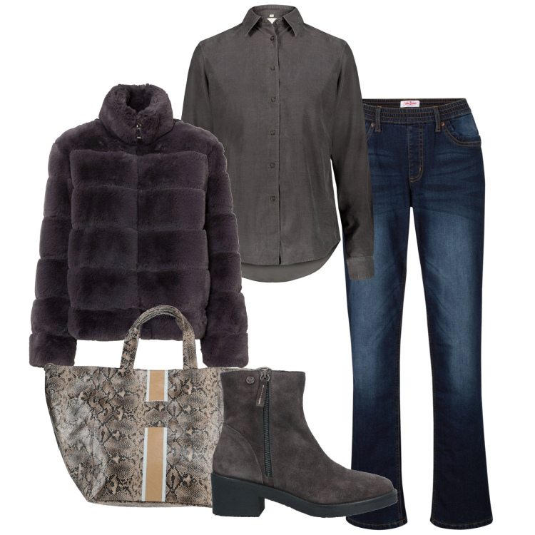 Outfit donna - Inverno. Stile Casual chic per Tutti i giorni. Abbinamento con ecopellicce, jeans dritti, stivaletti, borse a mano, camicie.
