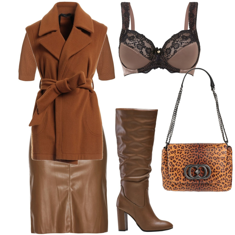 Outfit donna - Total look #1808777. Stile Casual per Tutti i giorni. Abbinamento con gonne longuette, maglieria, reggiseni, stivali sopra il ginocchio, cappotti, borse a spalla.