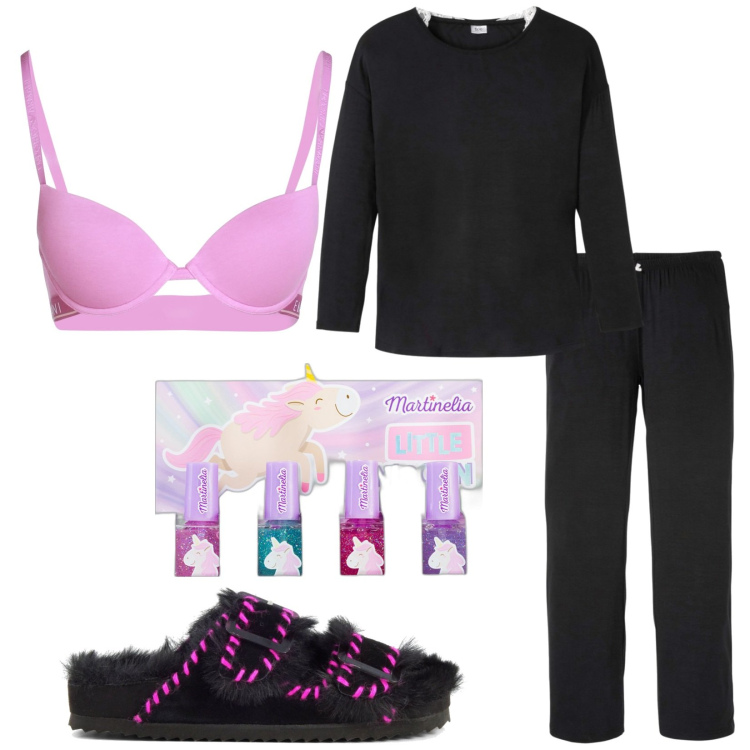 Outfit donna - Da me. Stile Casual per Tutti i giorni. Abbinamento con pigiama, reggiseni push-up, smalti, ciabatte.