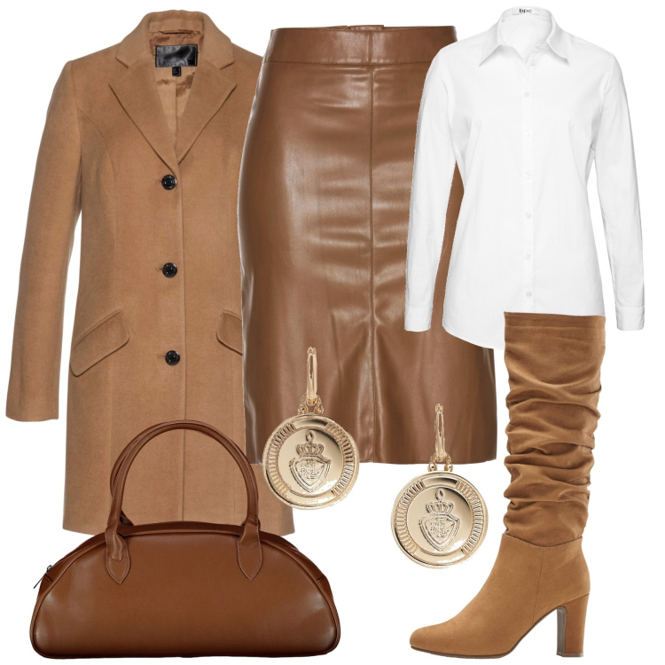 Outfit donna - In città. Stile Glamour per Tutti i giorni. Abbinamento con gonne longuette, camicie, stivali, cappotti, orecchini, borse a spalla.