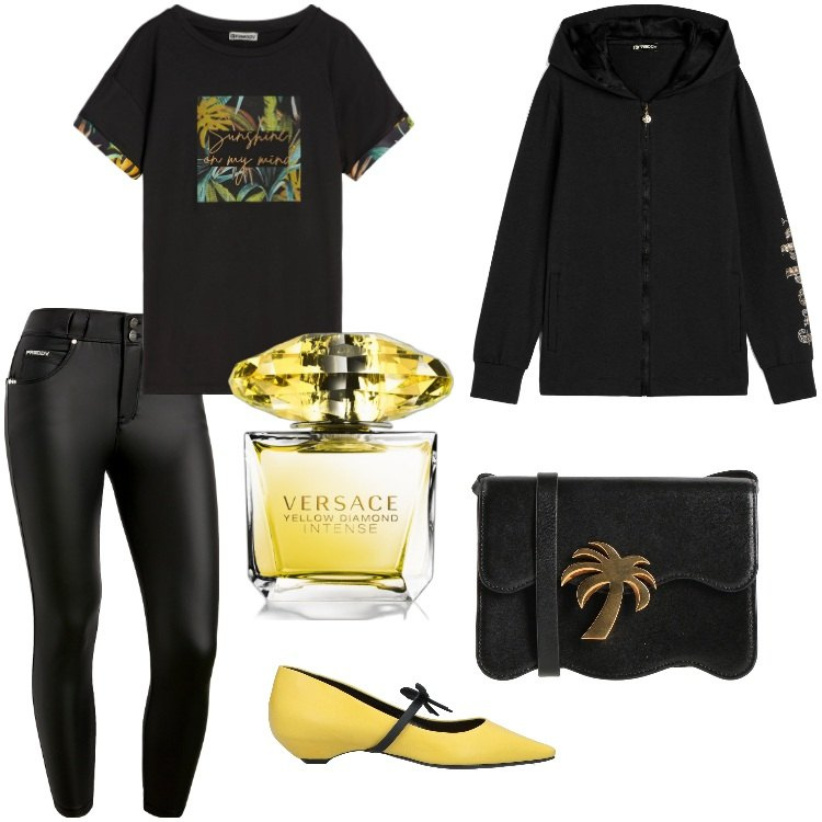 Outfit donna - Freddy in love- Gennaio. Stile Trendy per Serata fuori. Abbinamento con ballerine, borse a tracolla, profumi, pantaloni skinny, felpe con cappuccio, t-shirt.