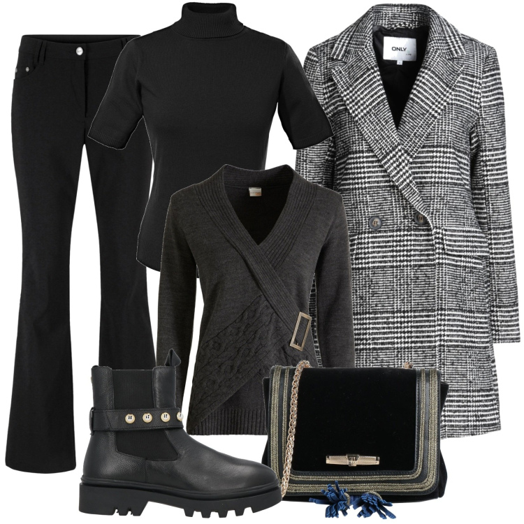 Outfit donna - Total look #1808800. Stile Casual per Tutti i giorni. Abbinamento con pantaloni, maglieria, pullovers, cappotti, borse a tracolla, stivaletti chelsea.