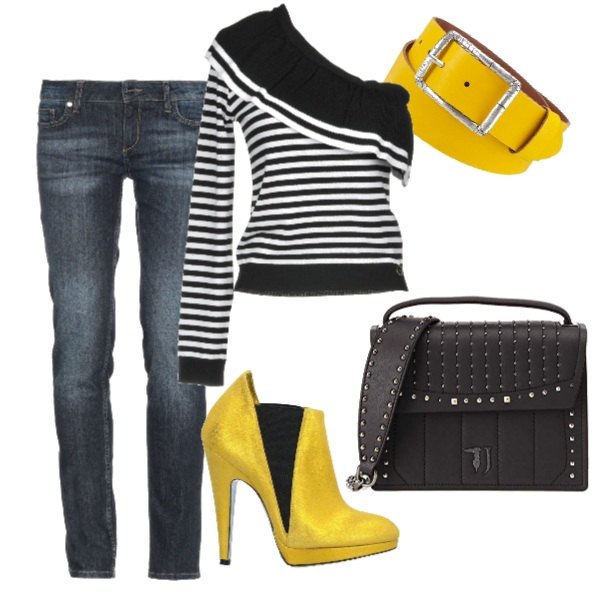 Outfit donna - Sopra le righe. Stile Trendy per Tutti i giorni. Abbinamento con pullover monospalla a righe lavorato a maglia scollatura profonda senza tasche elasticizzato rosa, jeans a tubo delavé con zip tinta unita, stivaletti effetto scamosciato con punta tonda tinta unita, borsa a tracolla nero, cintura giallo.