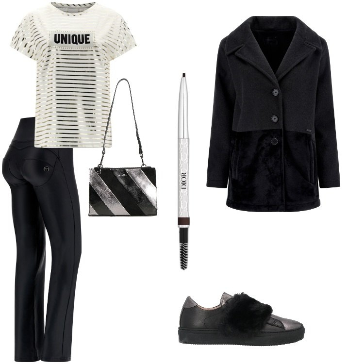 Outfit donna - Freddy in love-Gennaio. Stile Sporty chic per Serata fuori. Abbinamento con sneakers, borse a spalla, eyeliner, pantaloni, cappotti, t-shirt.