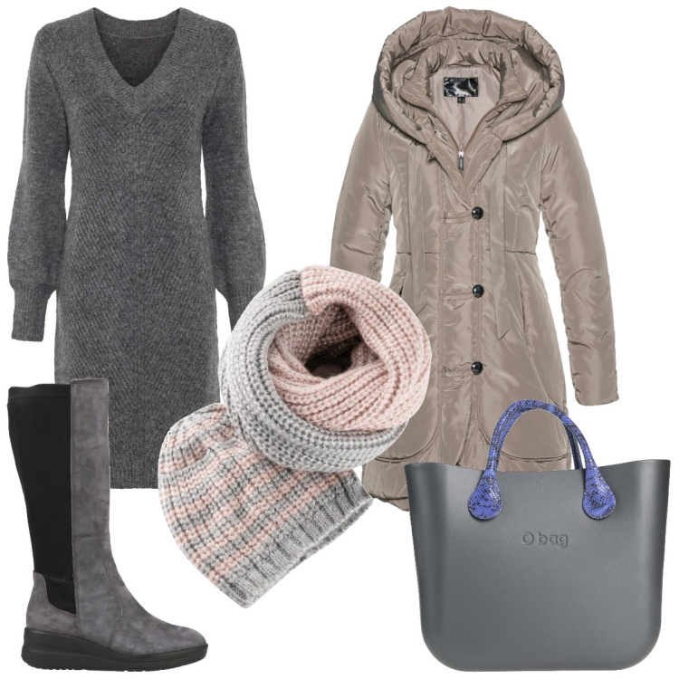 Outfit donna - Comodo caldo. Stile Casual per Tutti i giorni. Abbinamento con vestiti, blazer, foulard, stivali sopra il ginocchio, borse a mano.