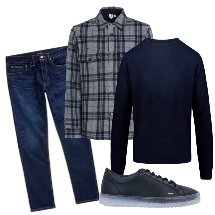 Outfit uomo - Blu e blu. Stile Casual per Serata speciale. Abbinamento con camicie, sneakers, jeans, maglieria.