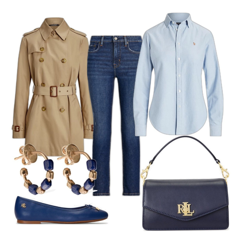 Outfit donna - Total look #1808841. Stile Casual chic per Ufficio. Abbinamento con ballerine, camicie, trench, borse a tracolla, jeans dritti, orecchini.