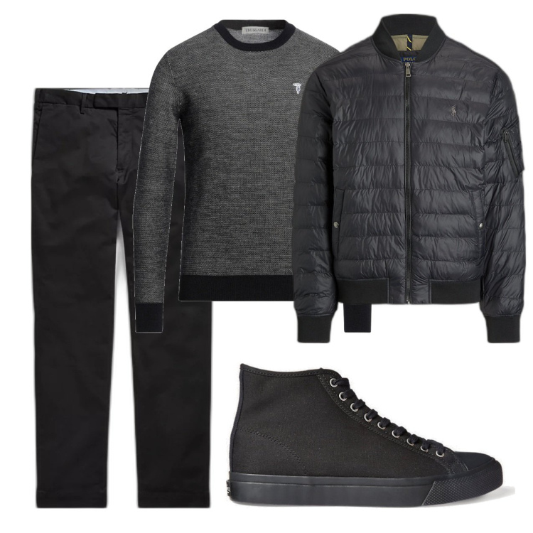 Outfit uomo - Urban black. Stile Urban per Tutti i giorni. Abbinamento con pullovers, sneakers, pantaloni chino, bomber.