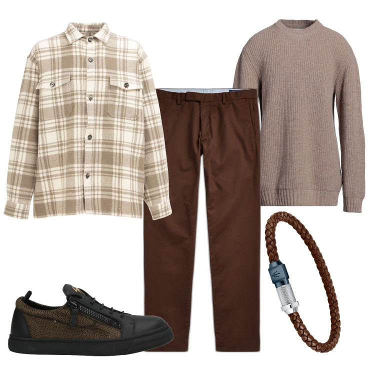 Outfit uomo - Toni cappuccino. Stile Casual per Tutti i giorni. Abbinamento con sneakers, braccialetti, pullovers, pantaloni chino, cappotti.