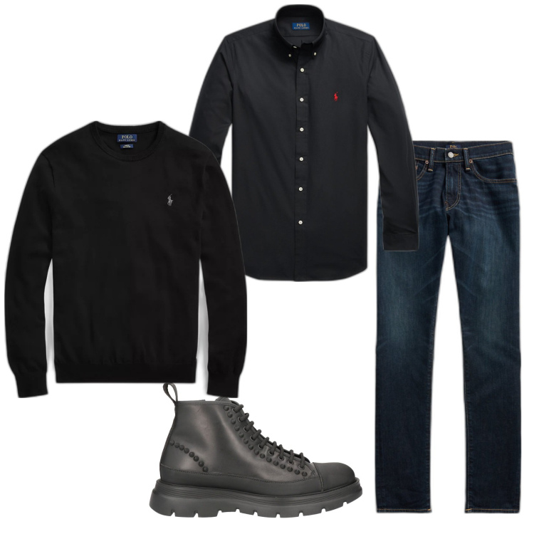 Outfit uomo - Al pub. Stile Trendy per Serata speciale. Abbinamento con stivali e stivaletti, maglieria, camicie, jeans skinny.