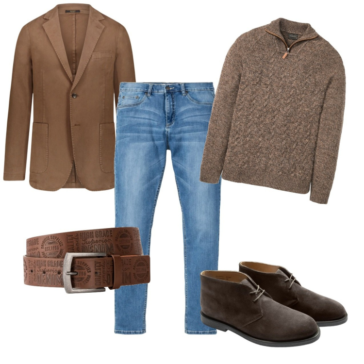 Outfit uomo - Casual marrone. Stile Casual per Tutti i giorni. Abbinamento con jeans, maglieria, cinture, giacche, stivali.