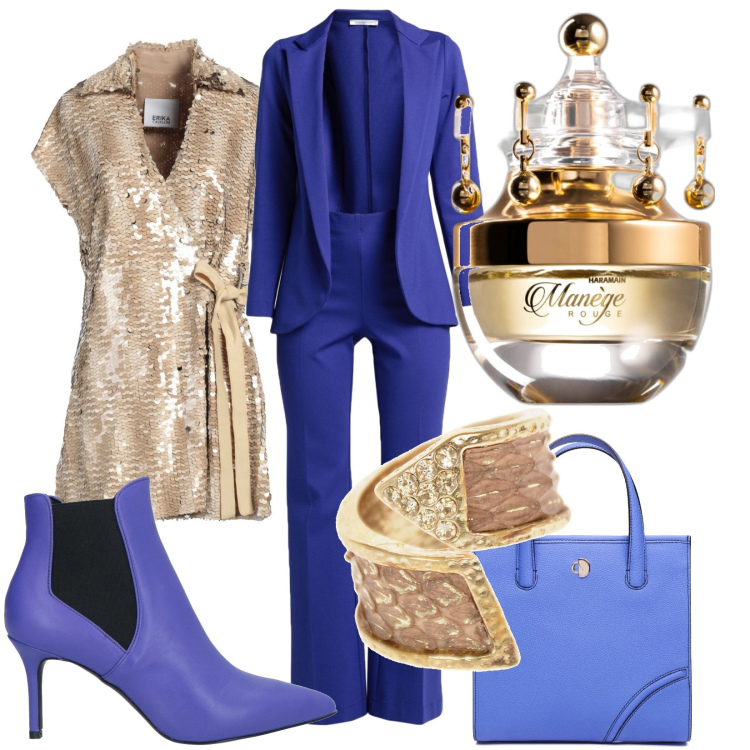 Outfit donna - Bluette oro rosato. Stile Glamour per Serata fuori. Abbinamento con pantaloni, camicie a manica corta, anelli, stivaletti chelsea, profumi, shopping bag.