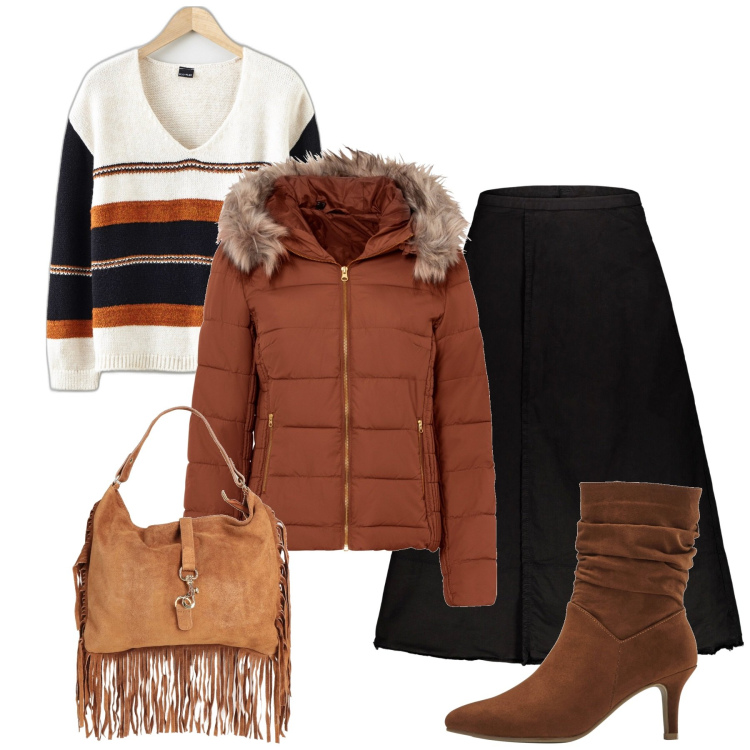 Outfit donna - Inverno terracotta. Stile Bon Ton per Ufficio. Abbinamento con giacche, stivaletti, maglieria, borse a mano, gonne lunghe.