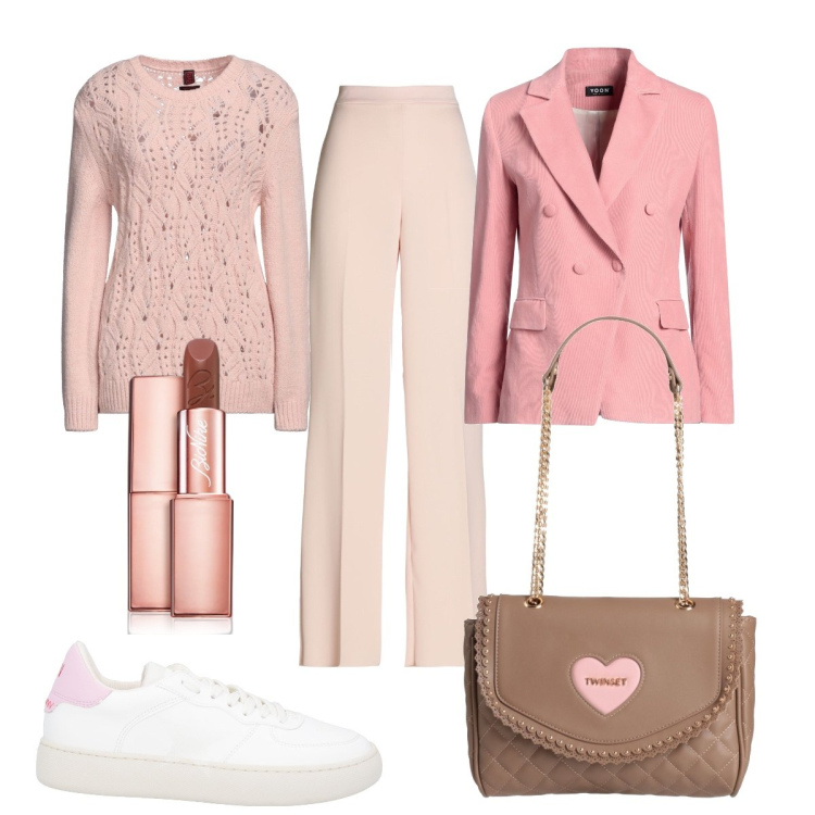 Outfit donna - Total look #1808888. Stile Sporty chic per Ufficio. Abbinamento con pullovers, pantaloni, borse a spalla, blazer, sneakers, rossetti.