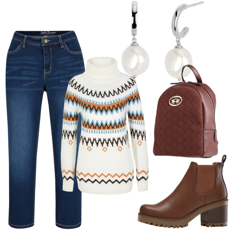 Outfit donna - Total look #1808896. Stile Casual per Tutti i giorni. Abbinamento con stivaletti chelsea, jeans, maglieria, zaini, orecchini.
