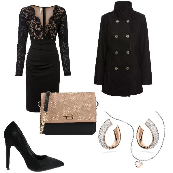 Outfit donna - una serata importante. Stile Glamour per Serata fuori. Abbinamento con vestiti, caban, orecchini, collane, décolleté, borse a tracolla.