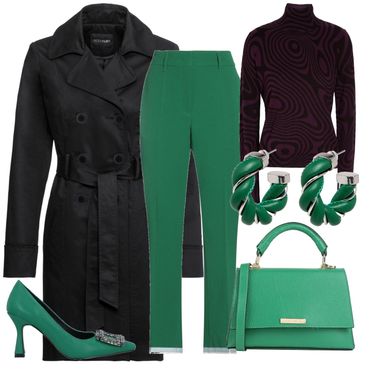 Outfit donna - Green style. Stile Casual per Ufficio. Abbinamento con trench, pantaloni, borse a mano, décolleté, orecchini, maglieria.