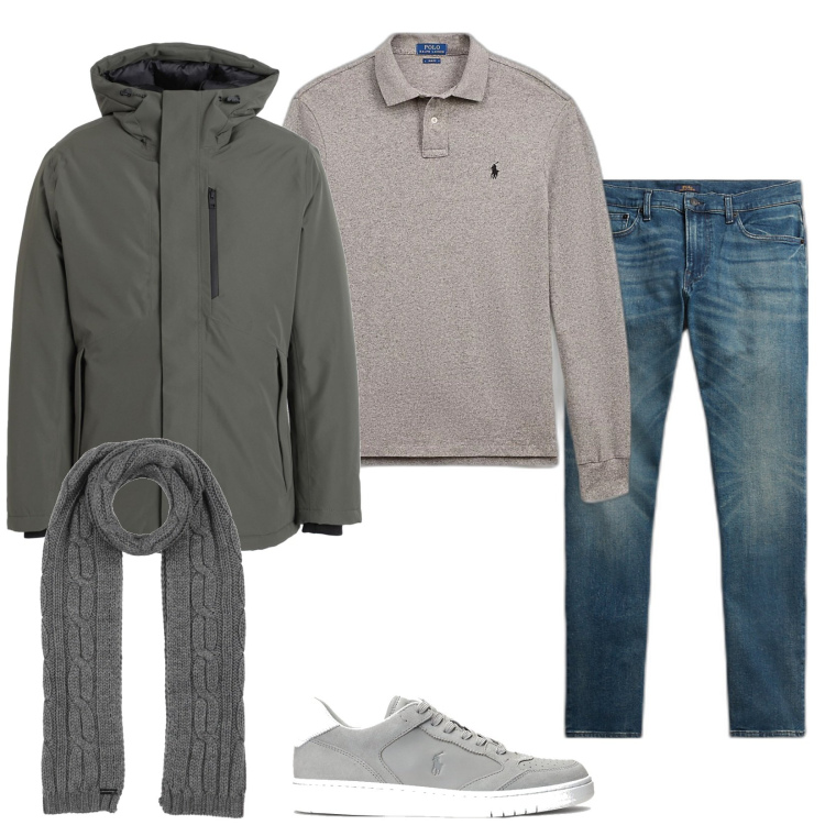 Outfit uomo - Total look #1808915. Stile Casual per Tutti i giorni. Abbinamento con parka, sciarpe, polo, jeans, scarpe sportive.