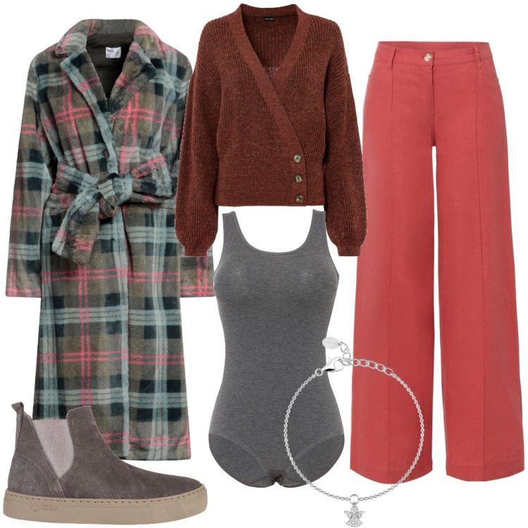 Outfit donna - Caldo Cappotto. Stile Casual per Scuola/Università. Abbinamento con pantaloni a palazzo, maglieria, body, cappotti, stivaletti chelsea, braccialetti con ciondoli.