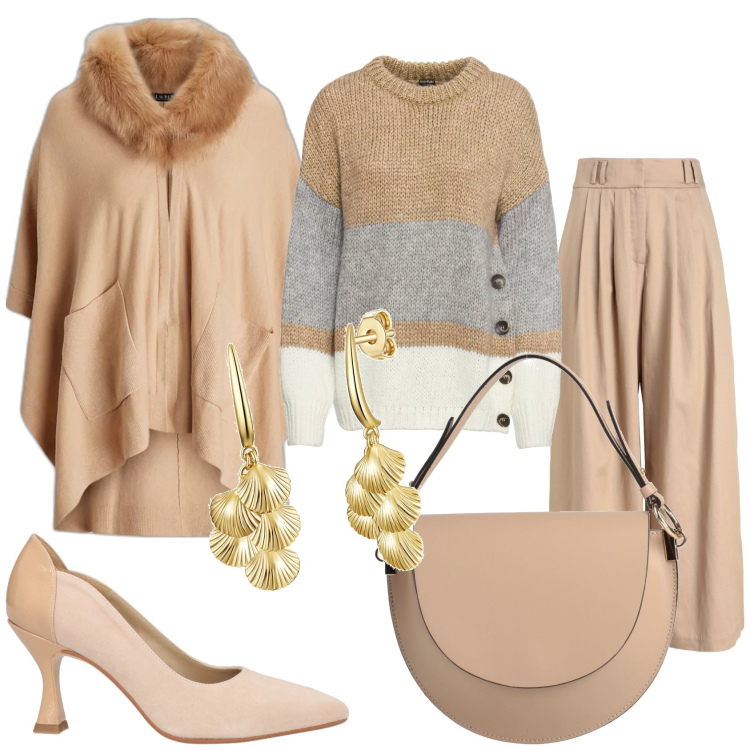 Outfit donna - Elegante e raffinata. Stile Glamour per Tutti i giorni. Abbinamento con maglieria, pantaloni, borse a mano, décolleté, orecchini, cappe.