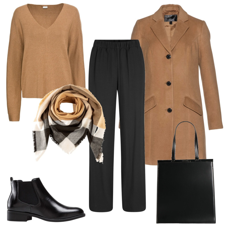 Outfit donna - Ufficio. Stile Mannish per Ufficio. Abbinamento con pantaloni, stivaletti chelsea, maglieria, cappotti, foulard, borse a mano.