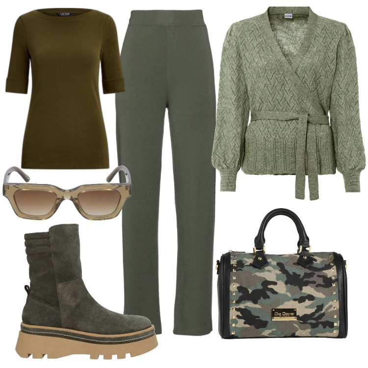 Outfit donna - Cris: Borsa mimetica. Stile Trendy per Tutti i giorni. Abbinamento con maglieria, stivaletti, borse a mano, pantaloni, t-shirt, occhiali da sole.