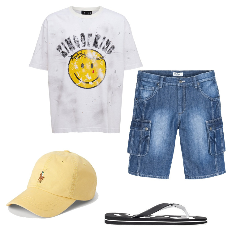 Outfit uomo - Fuga ai Caraibi. Stile Casual per Tutti i giorni. Abbinamento con bermuda, sandali, cappelli, t-shirt.