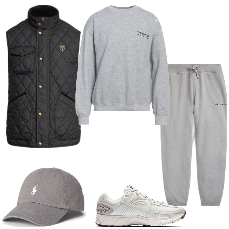 Outfit uomo - Total look #1808942. Stile Casual per Sport. Abbinamento con felpe, cappelli, pantaloni, gilet, sneakers.