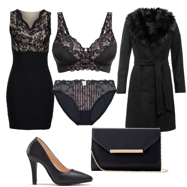 Outfit donna - Sotto il cappotto il pizzo. Stile Sexy per Serata fuori. Abbinamento con reggiseni, vestiti, cappotti, culotte, pochette, décolleté.