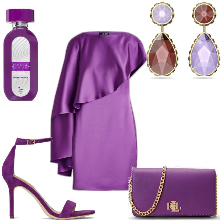 Outfit donna - Cerimonia. Stile Chic per Cerimonia. Abbinamento con profumi, orecchini, vestiti, borse a mano, sandali col tacco.