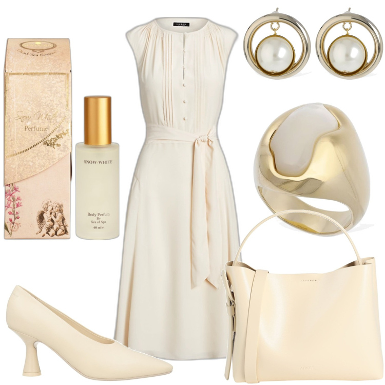 Outfit donna - Bianco profumo floreale. Stile Glamour per Tutti i giorni. Abbinamento con décolleté, borse a mano, profumi, vestiti, orecchini, anelli.