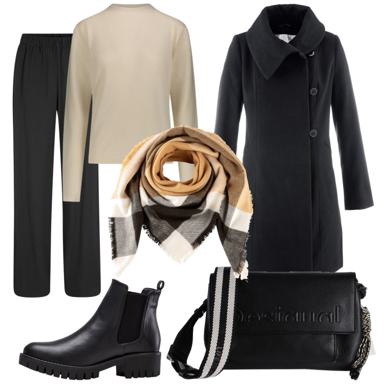 Outfit donna - Nero e neutro. Stile Mannish per Tutti i giorni. Abbinamento con pantaloni, stivaletti chelsea, cappotti, foulard, borse a tracolla, pullovers.