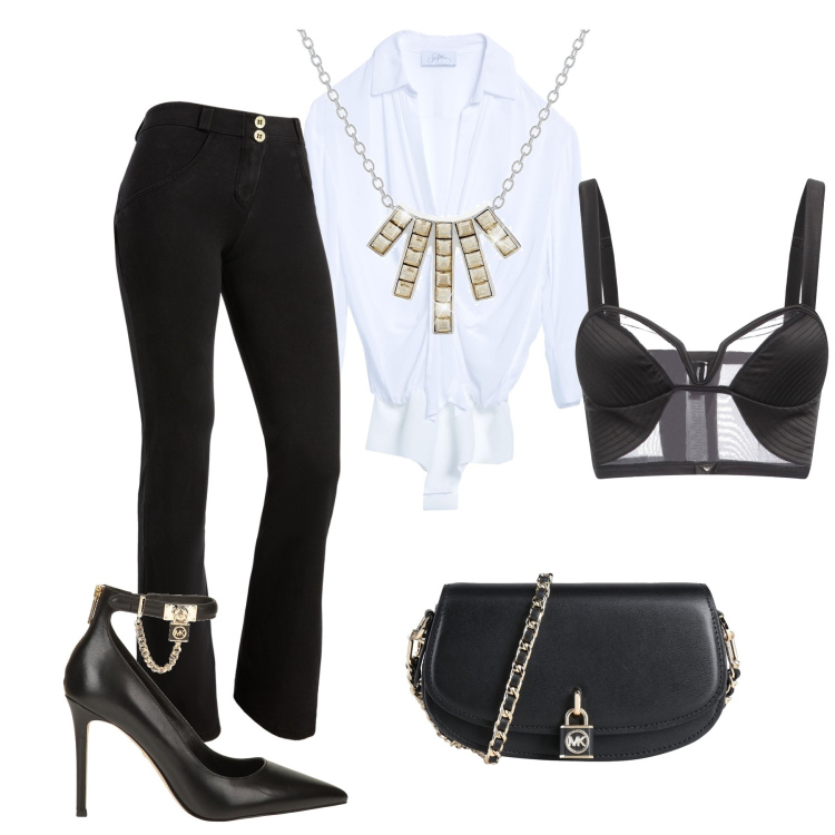 Outfit donna - Attraente con il body camicia. Stile Glamour per Serata fuori. Abbinamento con décolleté, body, bralette, collane, borse a tracolla, jeggings.