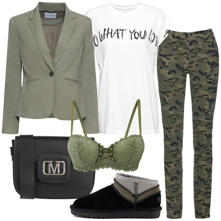 Outfit donna - Total look #1808974. Stile Casual per Tutti i giorni. Abbinamento con blazer, maglieria, pantaloni, reggiseni a balconcino, borse a tracolla, stivali sopra il ginocchio.