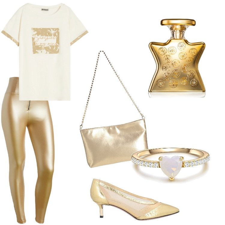 Outfit donna - Freddy in love-Amore Vero-Gennaio. Stile Glamour per Serata fuori. Abbinamento con décolleté, anelli, borse a mano, profumi, pantaloni skinny, t-shirt.
