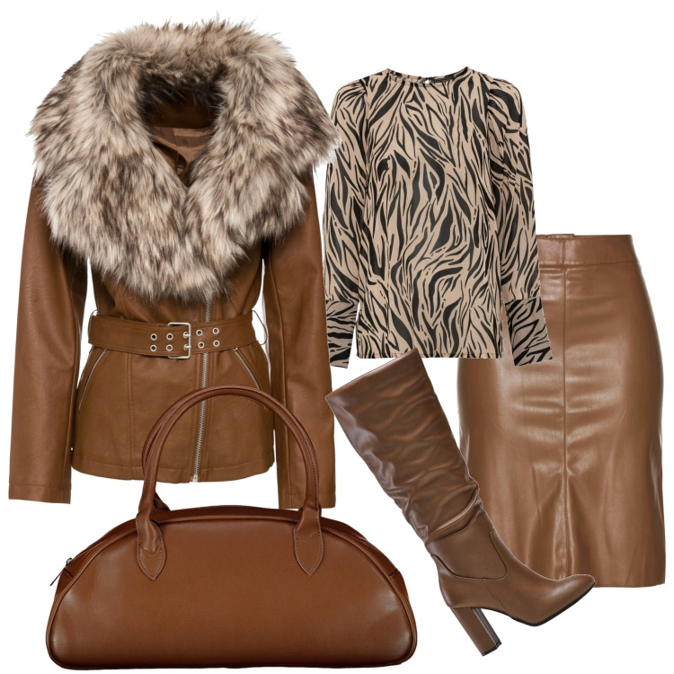 Outfit donna - Il collo di pelliccia. Stile Glamour per Ufficio. Abbinamento con gonne longuette, bluse, blazer, stivali sopra il ginocchio, borse a spalla.