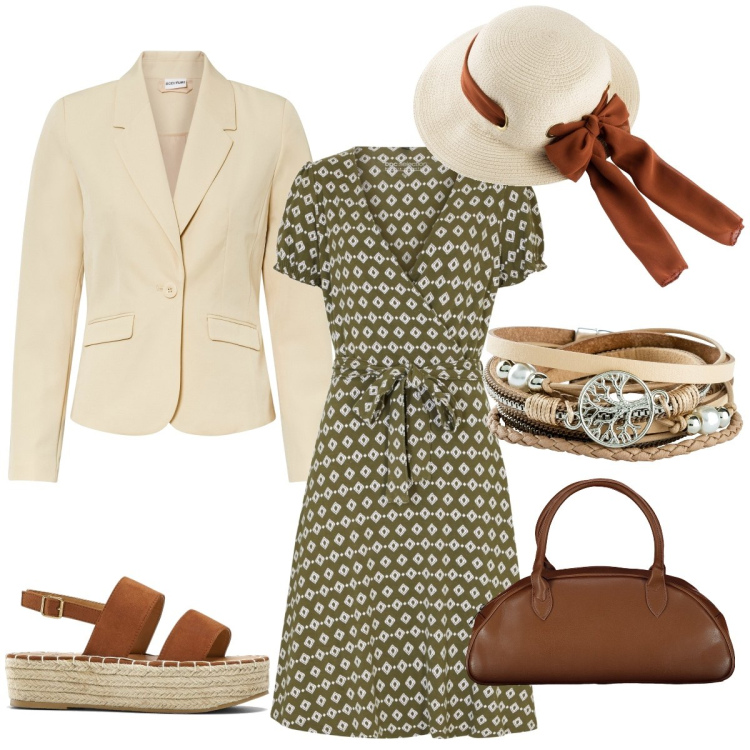 Outfit donna - Voglia d’estate. Stile Romantica per Tutti i giorni. look ideale per Petite. Abbinamento con braccialetti, blazer, sandali, cappelli, vestiti, borse a spalla.