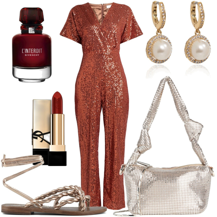 Outfit donna - La serata di festa. Stile Glamour per Serata fuori. Abbinamento con profumi, rossetti, tute, borse a mano, orecchini, sandali.