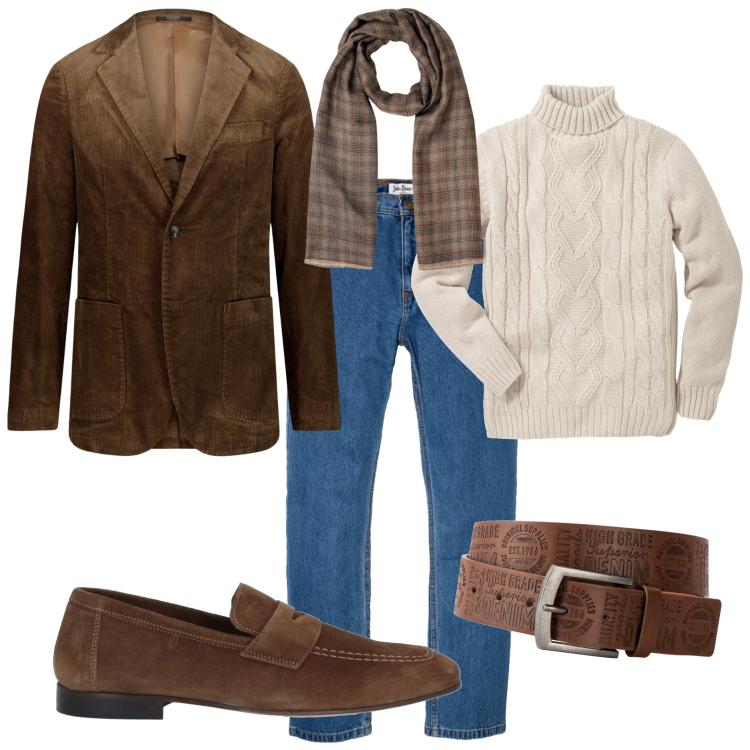 Outfit uomo - In ufficio. Stile Casual per Ufficio. Abbinamento con jeans dritti, cinture, maglieria, scarpe stringate, sciarpe, giacche.