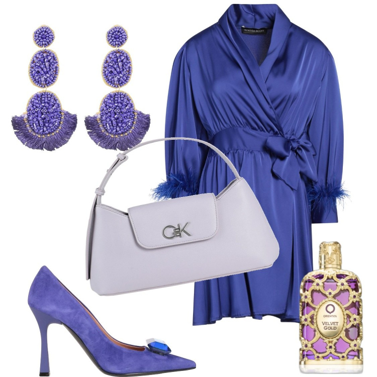 Outfit donna - look da sera in viola. Stile Glamour per Cerimonia. Abbinamento con vestiti corti, décolleté, borse a mano, orecchini, profumi.