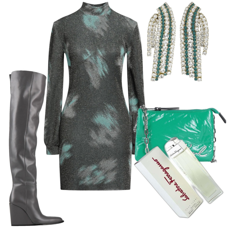 Outfit donna - Total look #1809027. Stile Trendy per Serata fuori. Abbinamento con vestiti corti, stivali sopra il ginocchio, borse a mano, profumi, orecchini.